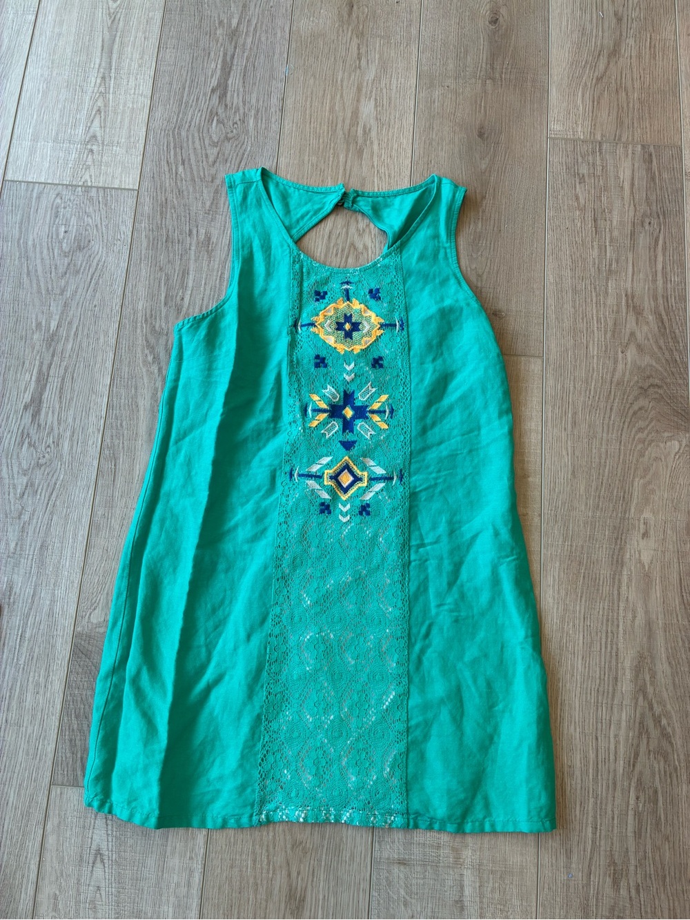 Turquoise Southwest Aztec Western Embroidered Sleeveless Shift Mini Dress Large